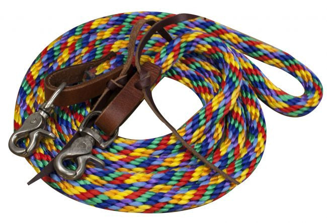 Showman ® Multi colored round braided nylon barrel rein with scissor snap ends.