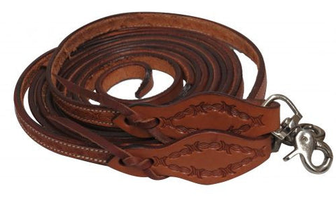 Showman ® 5/8" x 8ft Argentina cow leather barbed wire tooled split reins with scissor snap ends.