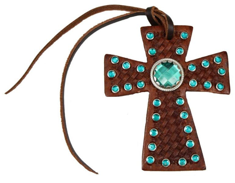 Leather tie on cross with teal green rhinestones