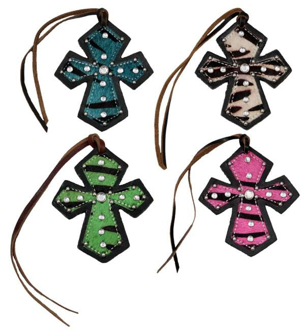 Leather tie on Zebra Cross with rhinestones
