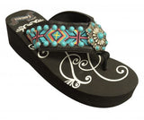 Showman Couture ™ Ladies western flip flops with Southwest embroidery with turquoise stone concho and studs.