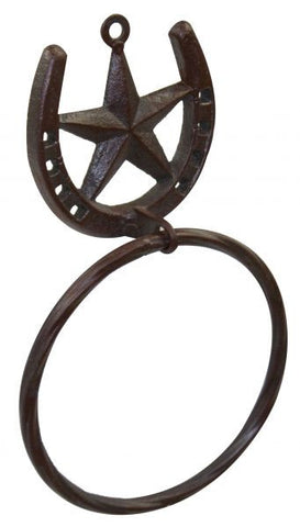 Western horse shoe and star hand towel hanger with brown powder coat finish.