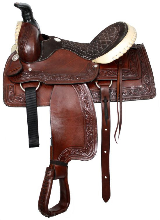 16" Buffalo roper style saddle with silver laced rawhide cantle and pommel.