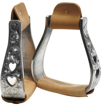 Showman™ ﻿aluminum polished engraved stirrups with cut out heart design