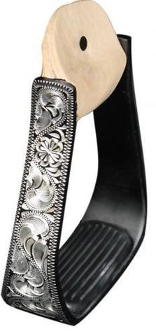 Showman™ Black Aluminum stirrups with Silver Engraving. Removable Rubber Grip Tread