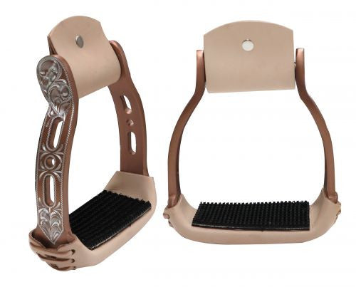 Showman ® Light weight copper colored aluminum stirrups with engraved and cut out design.
