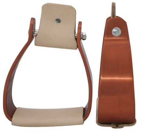 Showman ® Angled Off Set Copper Colored Aluminum Stirrups. Lightweight design. Smooth Light colored Leather tread