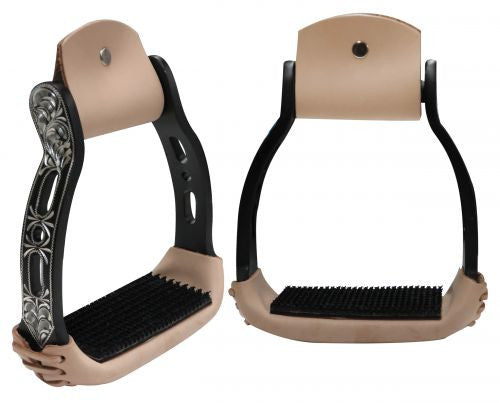 Showman ® Light weight black aluminum stirrups with engraved and cut out design
