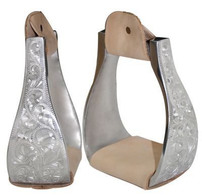 Polished aluminum bell engraved stirrups with 3" neck, 4.75" wide, and 2.75" tread
