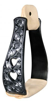 Showman™ Black Aluminum Stirrups With Silver Engraving And Cut Out Hearts Designs.