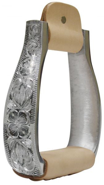 Polished aluminum engraved stirrups with 3" neck, 4.75" wide and 2" tread.