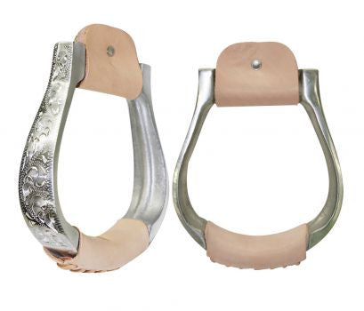 Polished aluminum engraved ox bow stirrup. 3" neck, 4.5" wide and 1.75" tread.