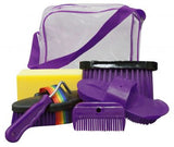 Showman Â® Grooming kit. Includes: 2 brushes, 1 hoof pick, 1 mane comb, 1 body sponge and 1 plastic curry.