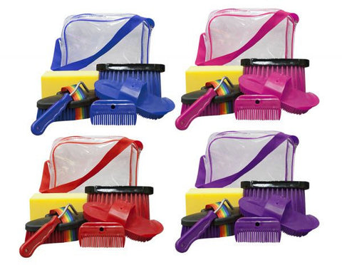 Showman Â® Grooming kit. Includes: 2 brushes, 1 hoof pick, 1 mane comb, 1 body sponge and 1 plastic curry.