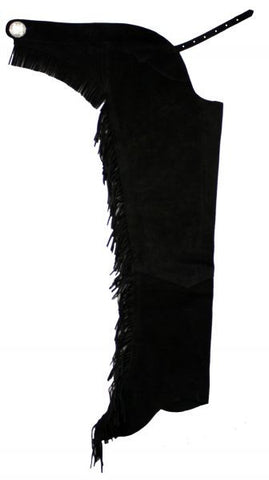 Suede leather chaps with fringe down each leg. Comes with engraved concho in back.