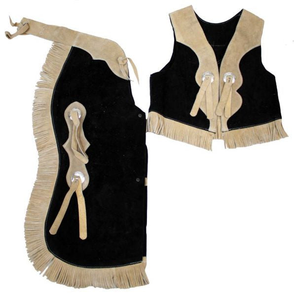 Kid's size two tone suede leather chap and vest outfit with fringe.