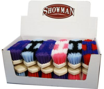 Showman™ Colored stiff bristle grooming brush with plastic molded handle.
