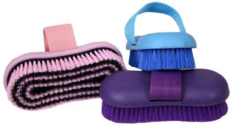 Showman stiff bristle body brush with soft rubber grip handle and durable nylon strap.