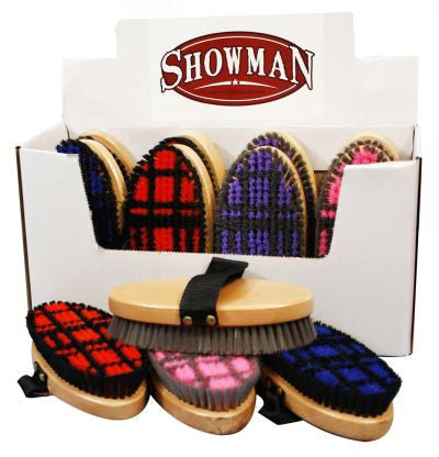 Showman™ medium bristle body brush with checkerboard pattern. Sold in lots of 12. (3 of each color. Pink, Purple, red, Blue).