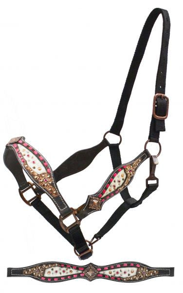 Showman FULL SIZE Black leather belt style halter with pink buck stitch and floral tooling with a hair on inlay