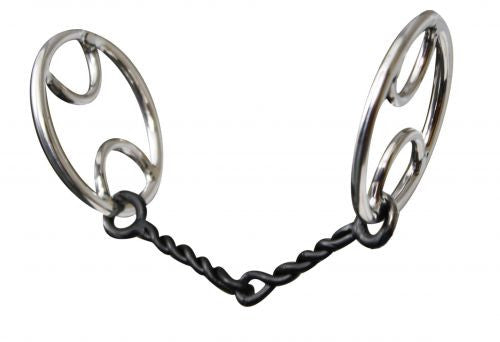 Showman™ stainless steel divided O-ring sweet iron snaffle. 5 1/4" broken, twisted wire mouth piece with a 3" O-ring style cheek.