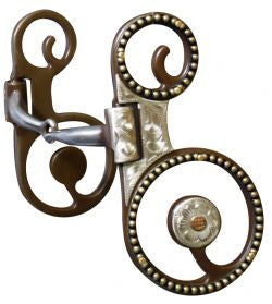 Showman™ Antique Brown  Snaffle Bit with Engraved Silver Overlay Accented with Gold Studs.