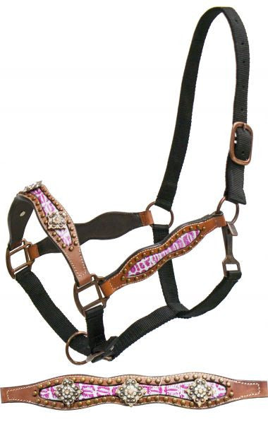 Showman FULL SIZE belt style halter with pink alligator print inlay and crystal rhinestone conchos
