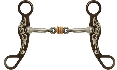 Showman ®Antique brown steel shank bit with silver overlay and a copper ring stainless steel dogbone mouth.