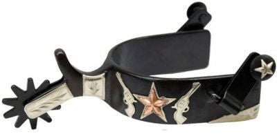 Showman™ men's size black steel silver show spur with copper star and pistol design.