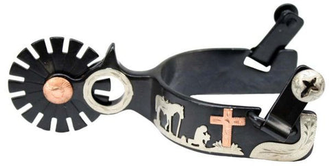 Showman™ men's size black steel silver show spur with copper cross and praying cowboy design.