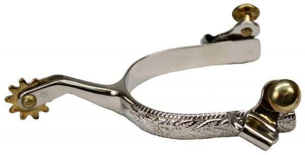 Showman™ chrome plated ladies size engraved spurs with brass rowels.
