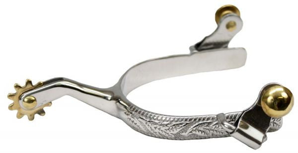 Showman™ stainless steel ladies size engraved spurs with brass rowels.
