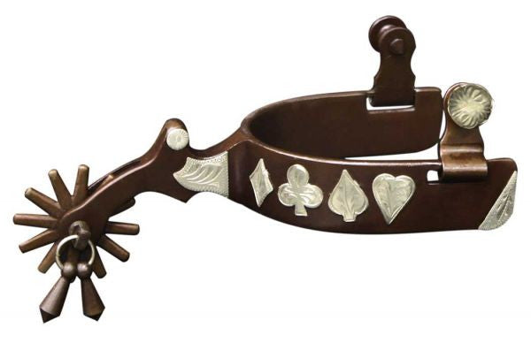 Showman™ Brown Steel Jingle Bob Spur with Engraved Silver " Poker Hand" Design.