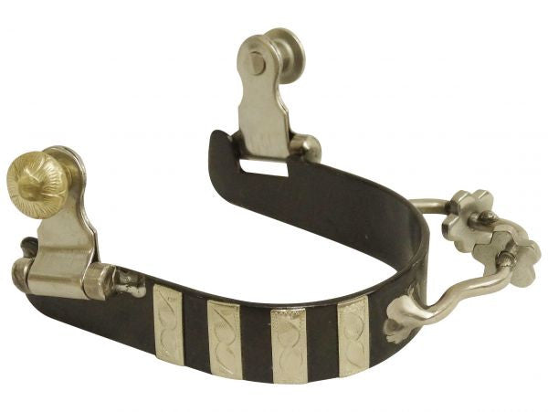 Showman ® Ladies black steel bumper spurs with engraved silver bar overlays.