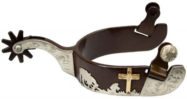 Showman™ men's size brown steel silver show spur with praying cowboy design.