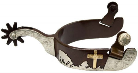 Showman™ men's size brown steel silver show spur with praying cowboy design.
