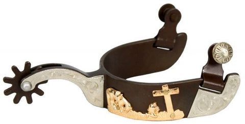 Showman™ men's size antique brown  silver show spur with gold praying cowboy with horse design.