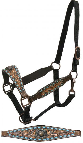 Showman FULL SIZE belt style halter copper painted floral tooling and teal buck stitch