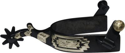 Showman™ black steel spur with 1" band and 3" shank. Details are engraved silver Navajo accents.