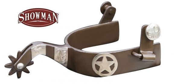 Showman ® Brown steel spur Texas star concho and engraved silver bar accents.