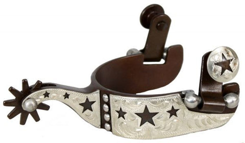 Showman™ youth size antique brown steel silver show spur with cut out star and dot overlay.