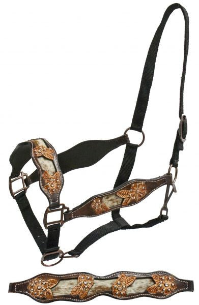Showman FULL SIZE belt style halter with hair-on cowhide inlay and cut out tooling