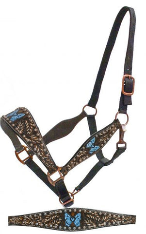 Showman FULL SIZE belt style halter with painted tooling and blue painted butterfly