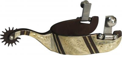 Showman™ brown steel spur with 1.25" band and 3" shank. Details are engraved silver with gold rope inlay.