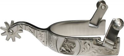 Showman™ stainless steel spur with 1" band and 2.5" shank. Details are embossed reining horse with scrolling design.