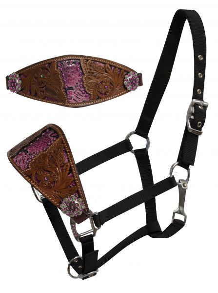 Showman FULL SIZE Bronc halter with cutout tooling and snake print inlay