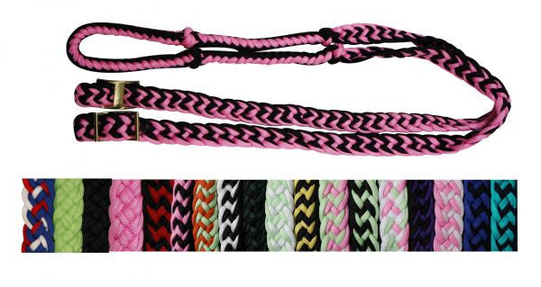 Showman™ braided nylon barrel reins with easy grip knots.