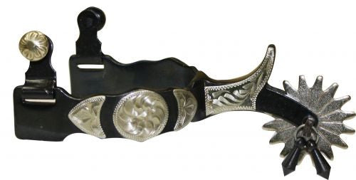 Showman™ Black Steel Jingle Bob Spur with Silver Engraved Accents.