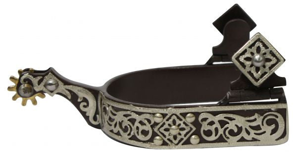 Showman™  brown steel spur with 0.75" band and 1.75" shank. Details are fancy engraved silver scrollings.