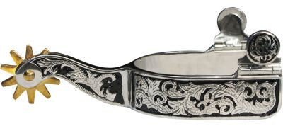Showman™ stainless steel spur with 1" band and 3" shank. Details are engraved scrolling on black inlay.